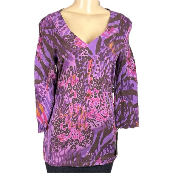 Daisy Fuentes L Purple Combo Animal Print V-Neckline Cotton 3/4 Sleeve T-Shirt - Picture 2 of 6